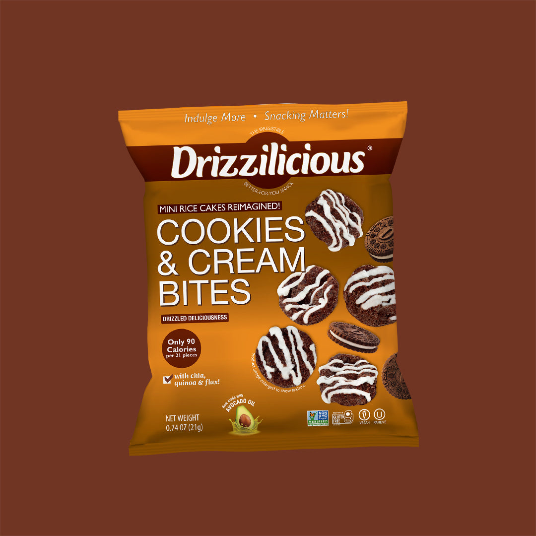 Cookies & Cream mini cake bites bag with cookie-and-cream swirl graphics