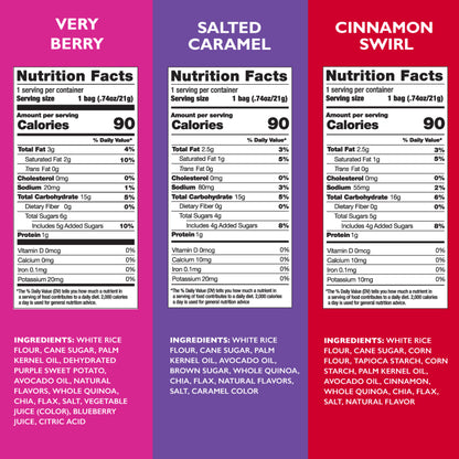 Nutrition facts labels for very berry, salted caramel, and cinnamon swirl snack bites