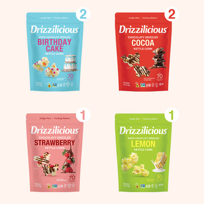 Four kettle corn pouches: birthday cake, cocoa, strawberry, and lemon, front views