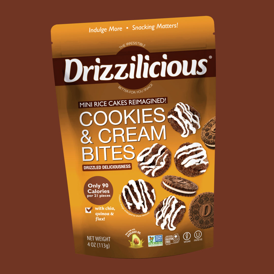 Cookies & Cream 4 oz Drizzilicious mini rice cake bites pouch front view