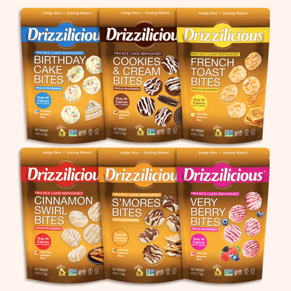 Assorted Drizzilicious mini rice cake bites variety in stand-up pouches