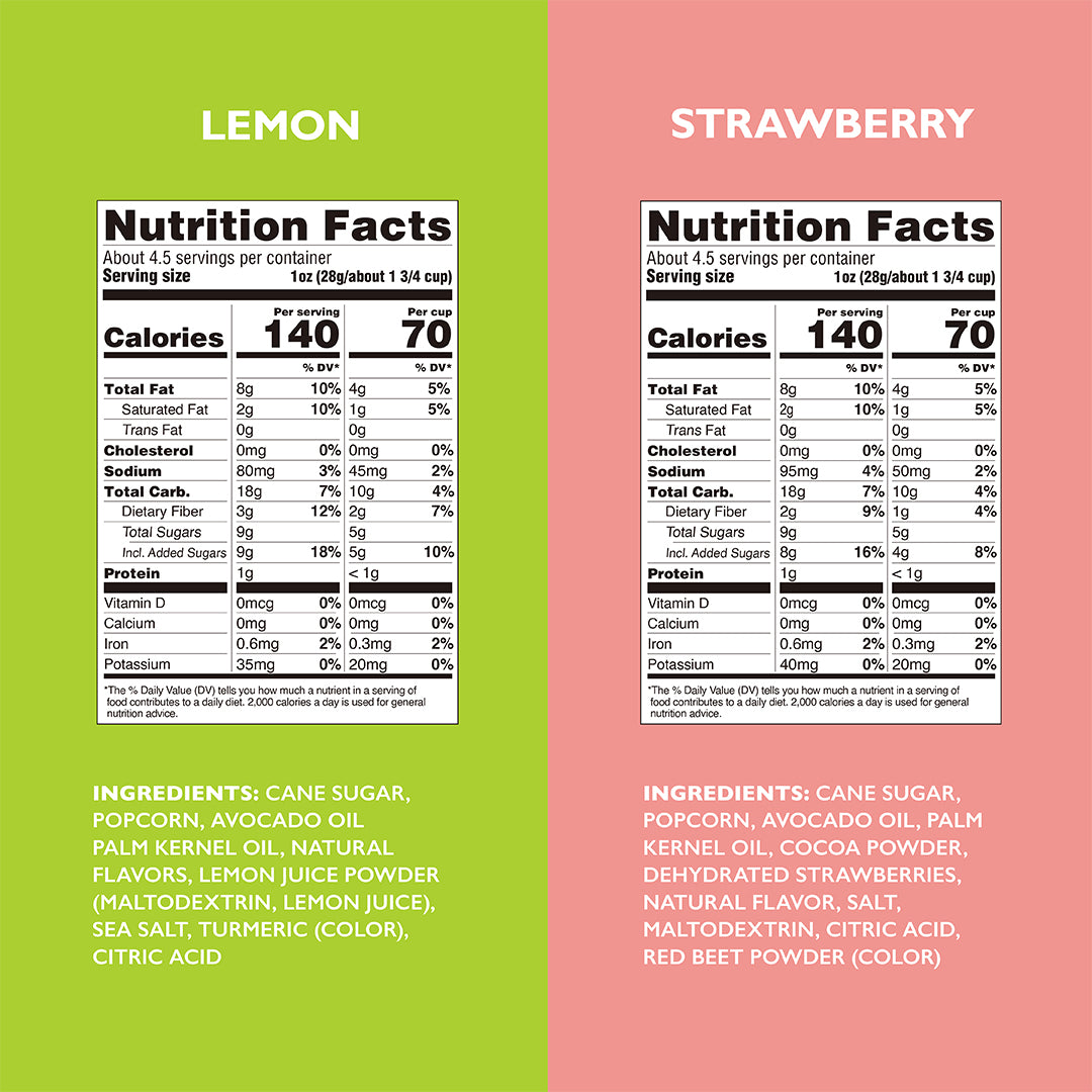 Nutrition facts for lemon and strawberry kettle corn, two front nutrition panels