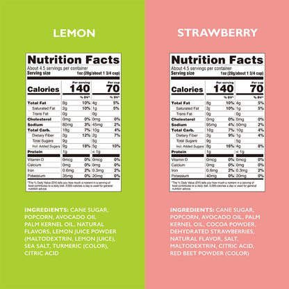 Nutrition facts for lemon and strawberry kettle corn, two front nutrition panels