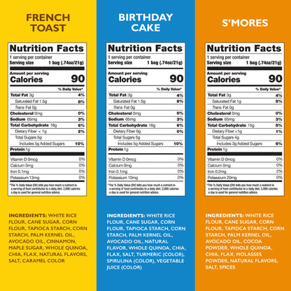 Nutrition facts labels for French toast, birthday cake, and s'mores snack bites