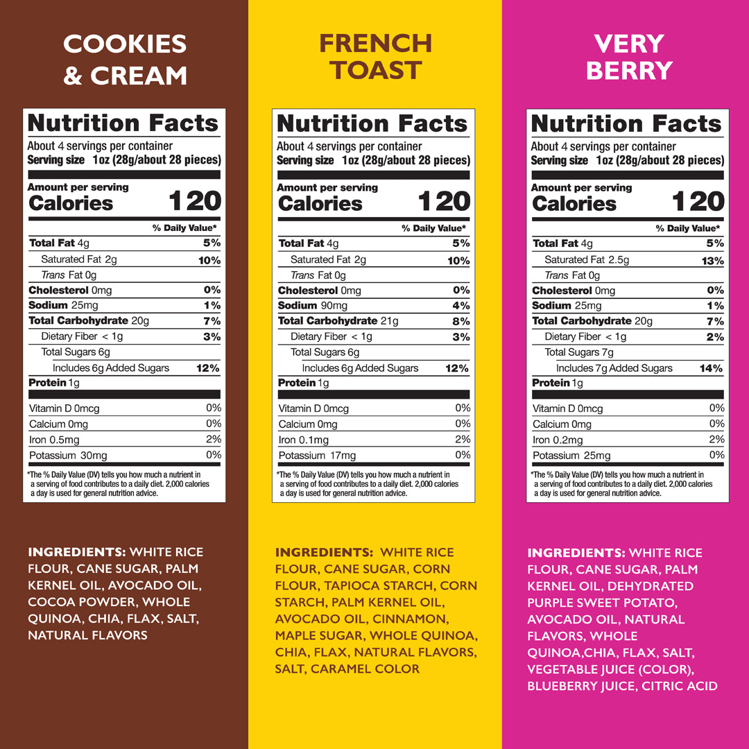 Mini rice cake bites nutrition facts panels for multiple flavors