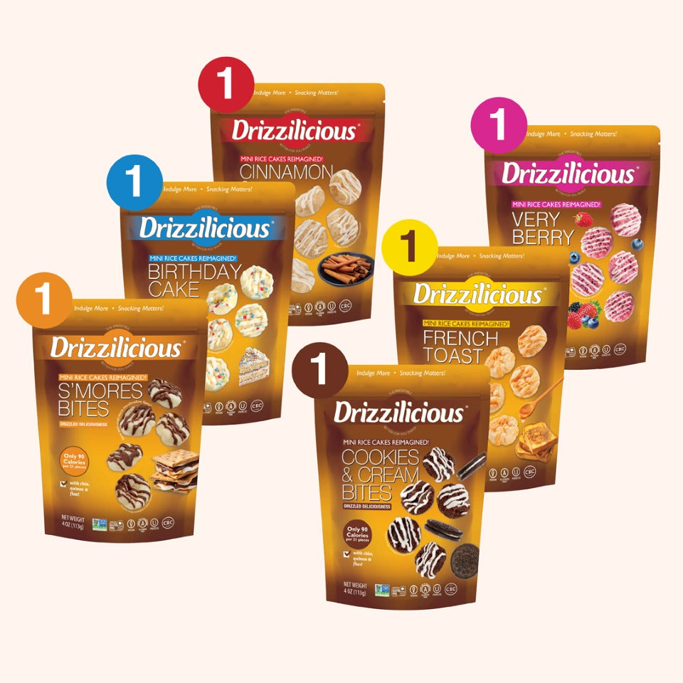 Assorted Drizzilicious mini rice cake bites pouches with flavor options