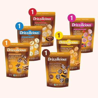 Assorted Drizzilicious mini rice cake bites pouches with flavor options