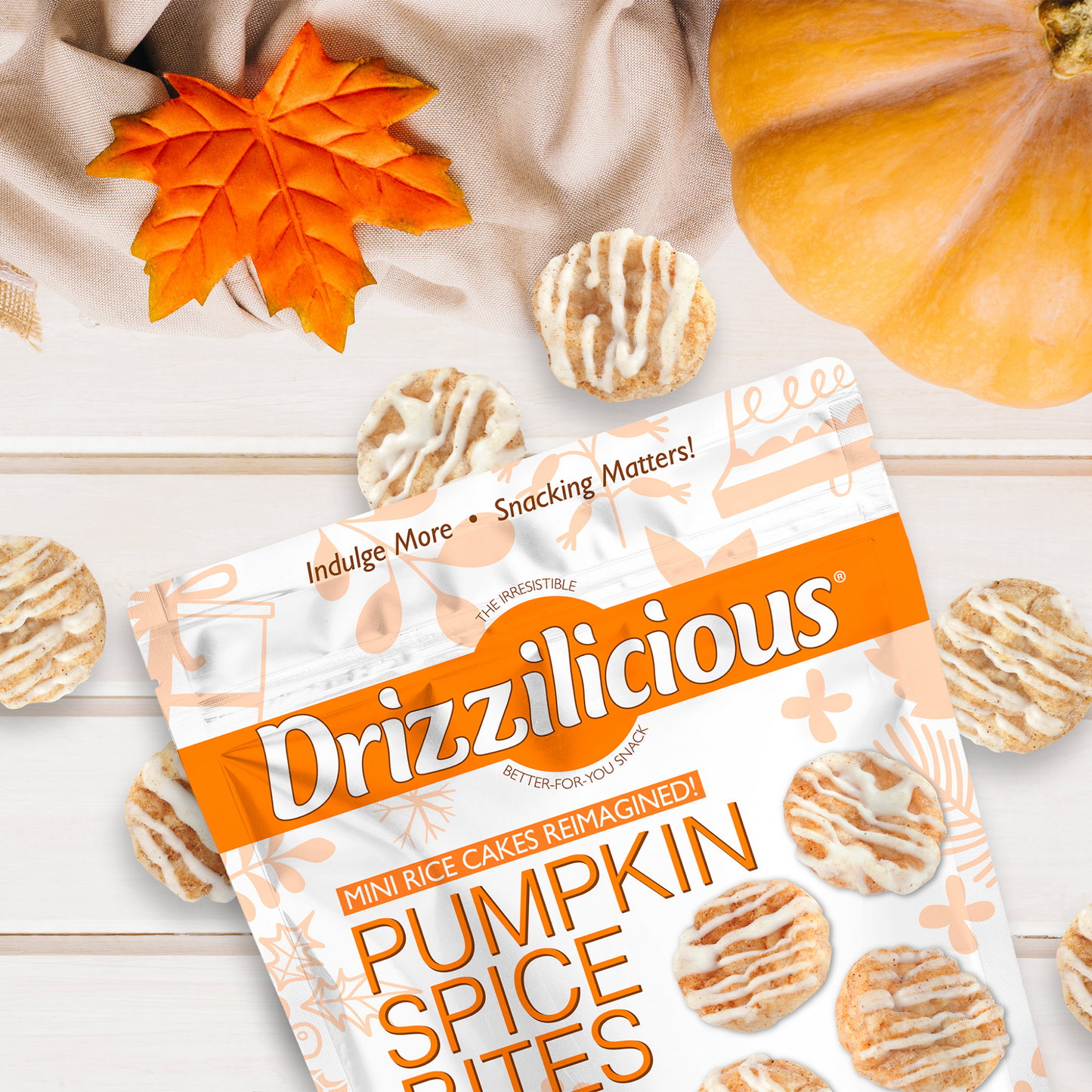 Pumpkin Spice Bites pouch with pumpkin spice cookie bites and autumn leaves