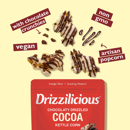 Chocolate drizzled cocoa kettle corn pouch with chocolate drizzle and crunchy pieces